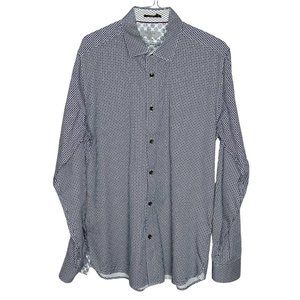 Ted Baker Men's 4/L Grey White Red Spotted Button Up Long Sleeve Formal Dress Sh